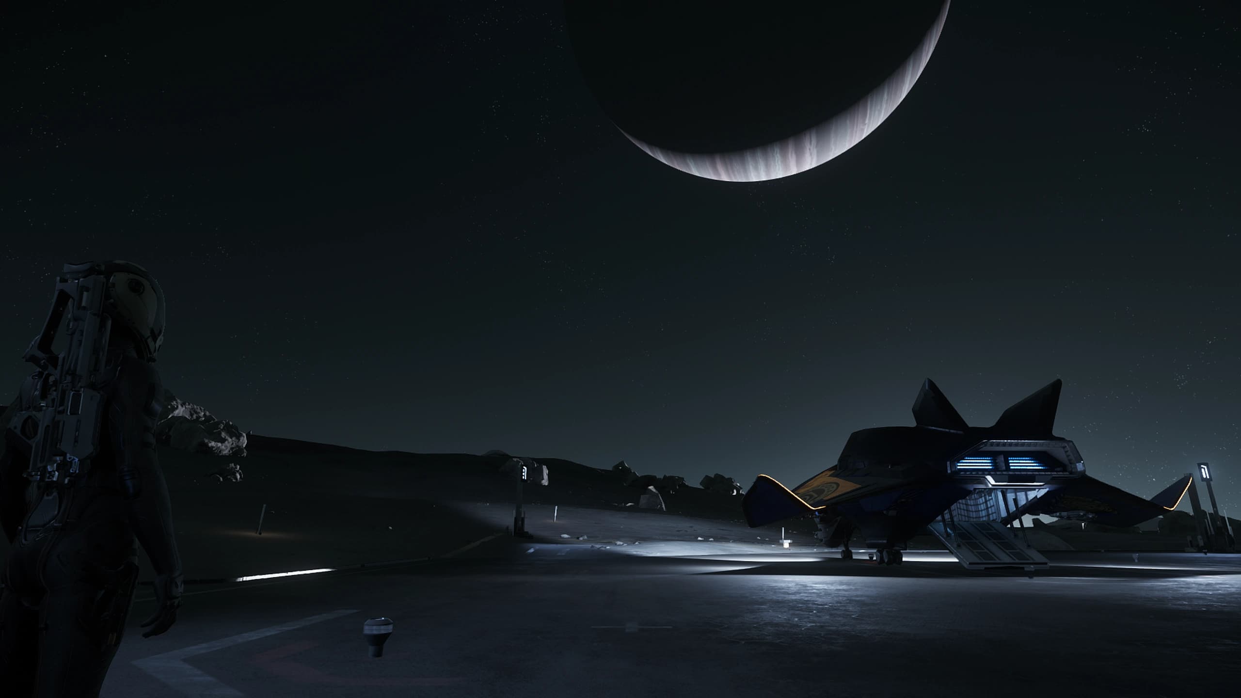 A Star Citizen pilot and spacecraft beneath a moon